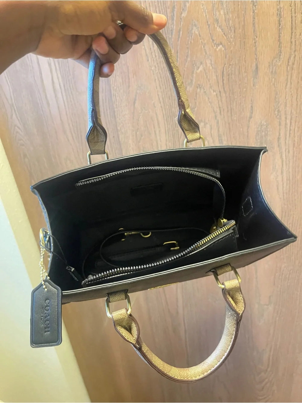 Coach Brown Signature Structured Satchel with Gold Hardware